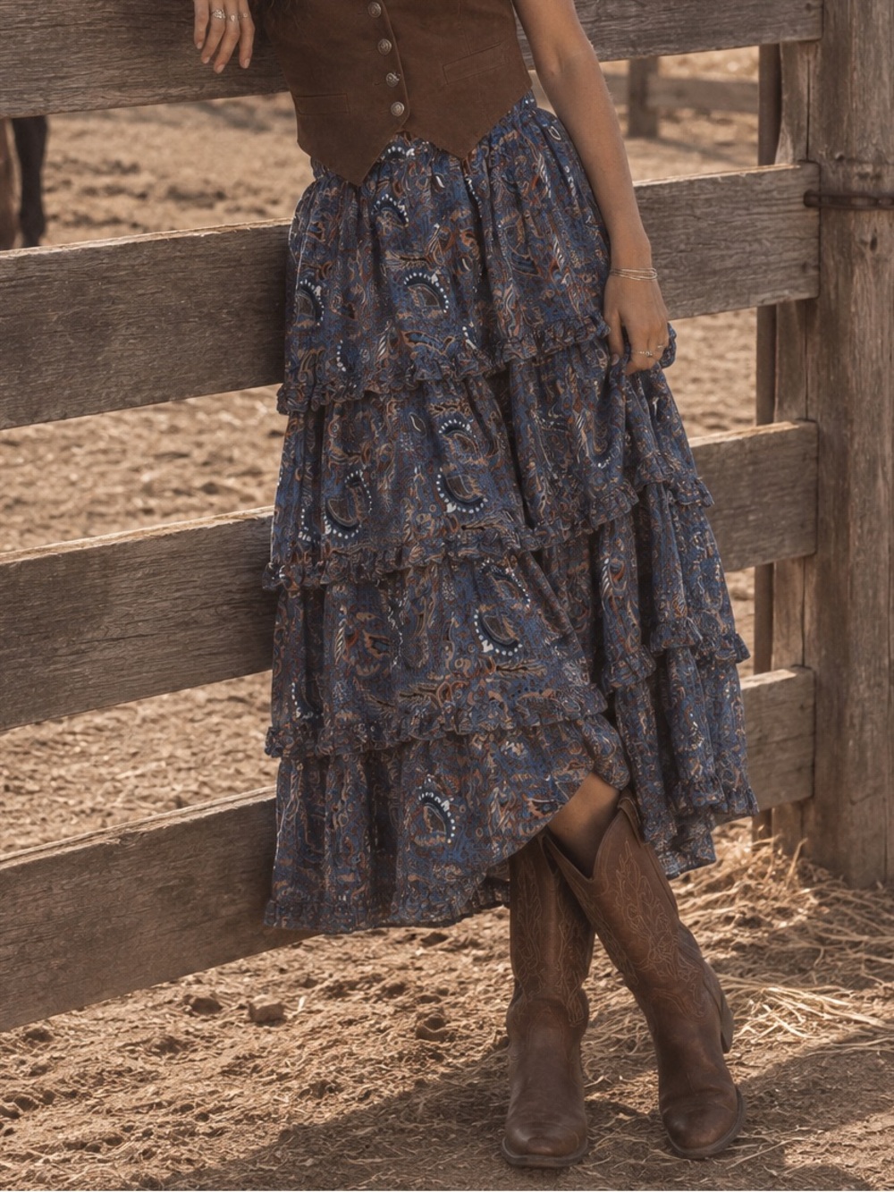 Cleobella blue and brown ruffled tiered midi skirt organic cotton